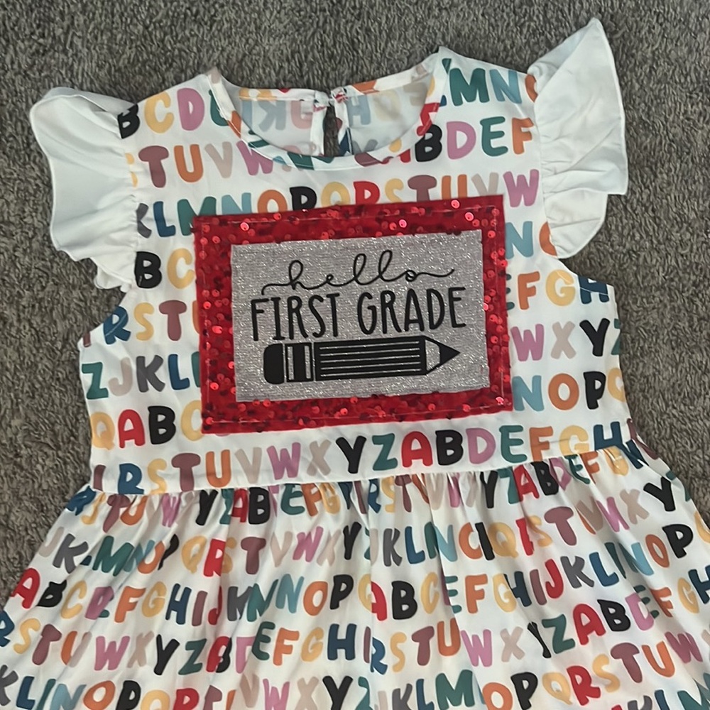 “Hello first grade” dress with alphabet lightweight size 7 white and colorful - Picture 2 of 3